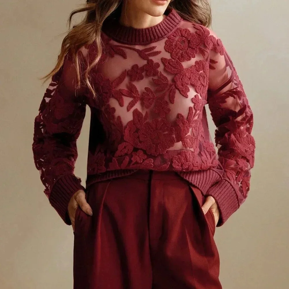 Burgundy Casual Women's Floral Pattern Round Neck Long Sleeve Knit Sweater